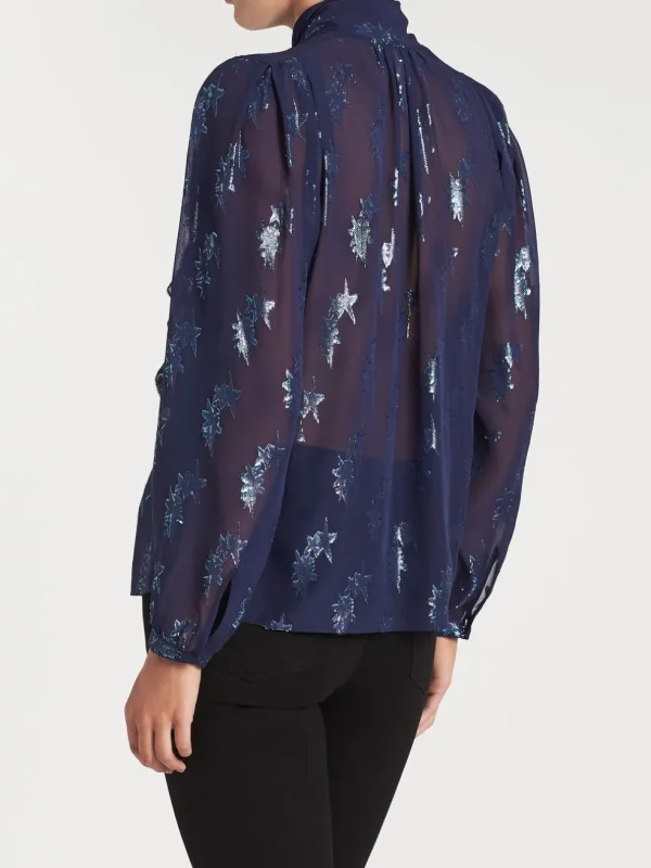 Metallic Star Clip Tie Neck Top