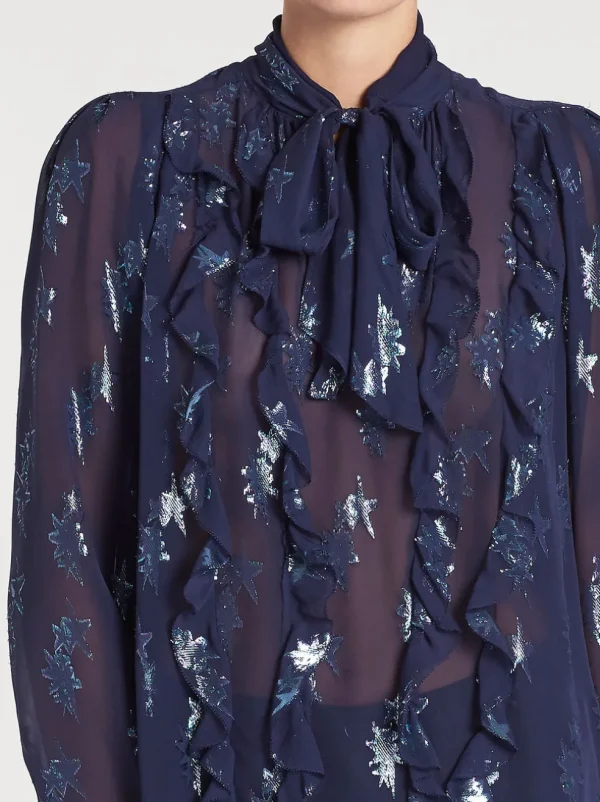 Metallic Star Clip Tie Neck Top