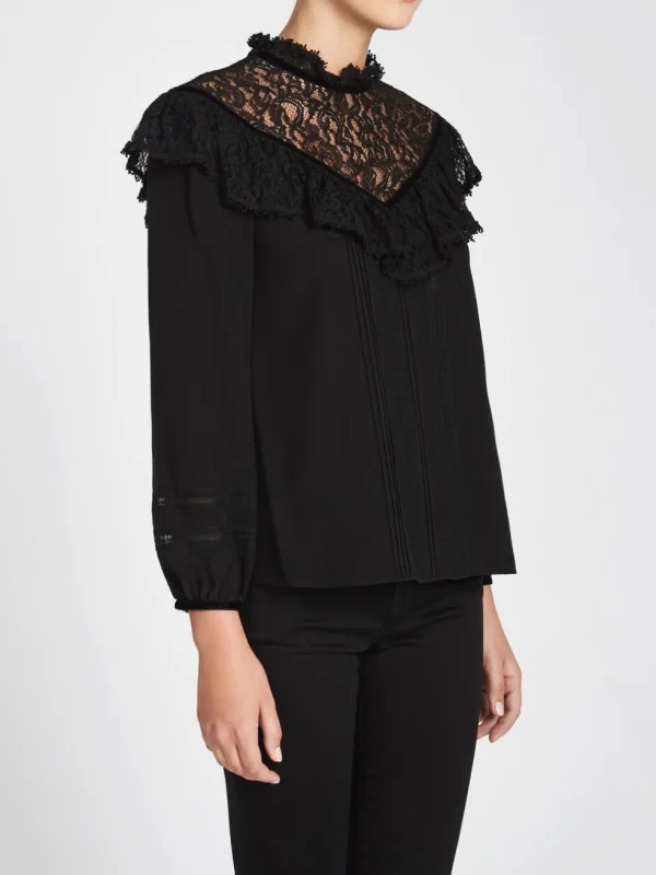 Silk & Lace Top With Velvet Trim
