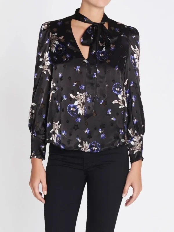 Violet Floral Satin Burnout Scarf Neck Top